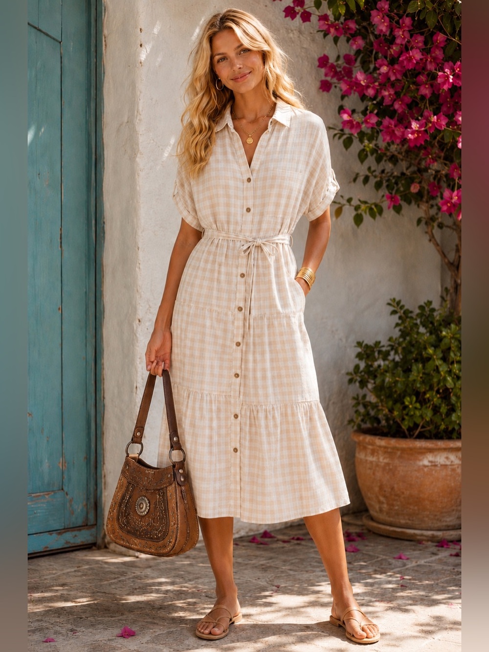 Cynthia Rowley Linen Tan & White Gingham Button-Front Shirt Dress w/ Pockets, L